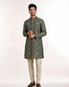 Manyavar Men Olive Green Blended Cotton Kurta