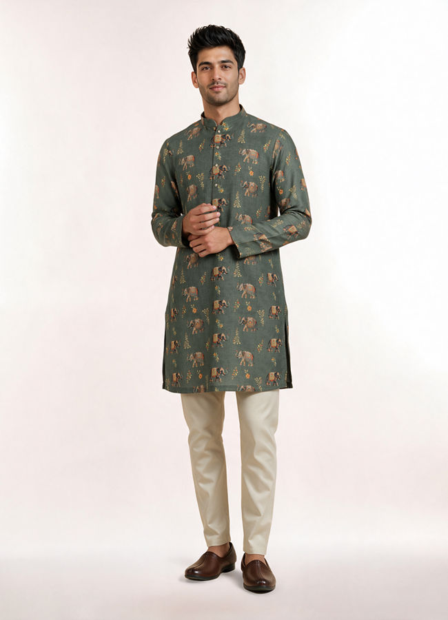 Manyavar Men Olive Green Blended Cotton Kurta