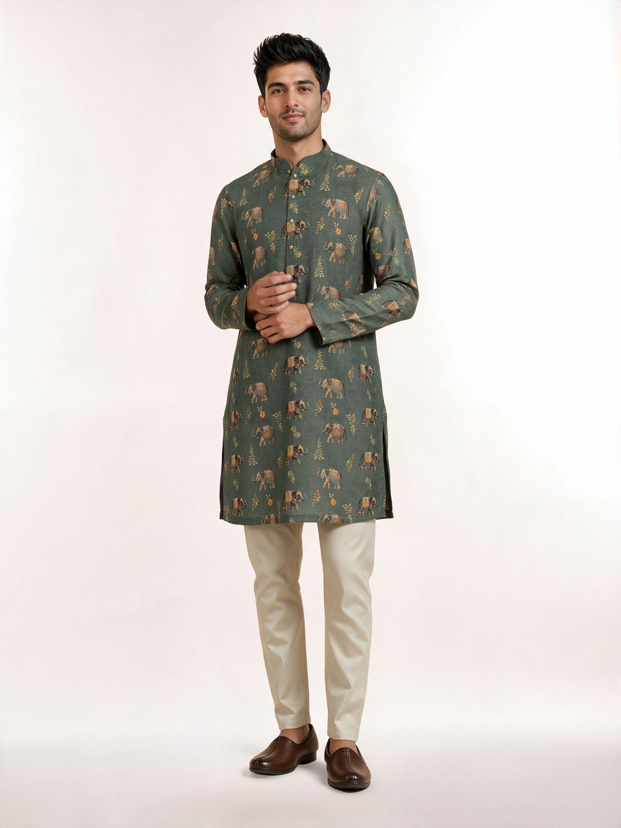 Manyavar Men Olive Green Blended Cotton Kurta