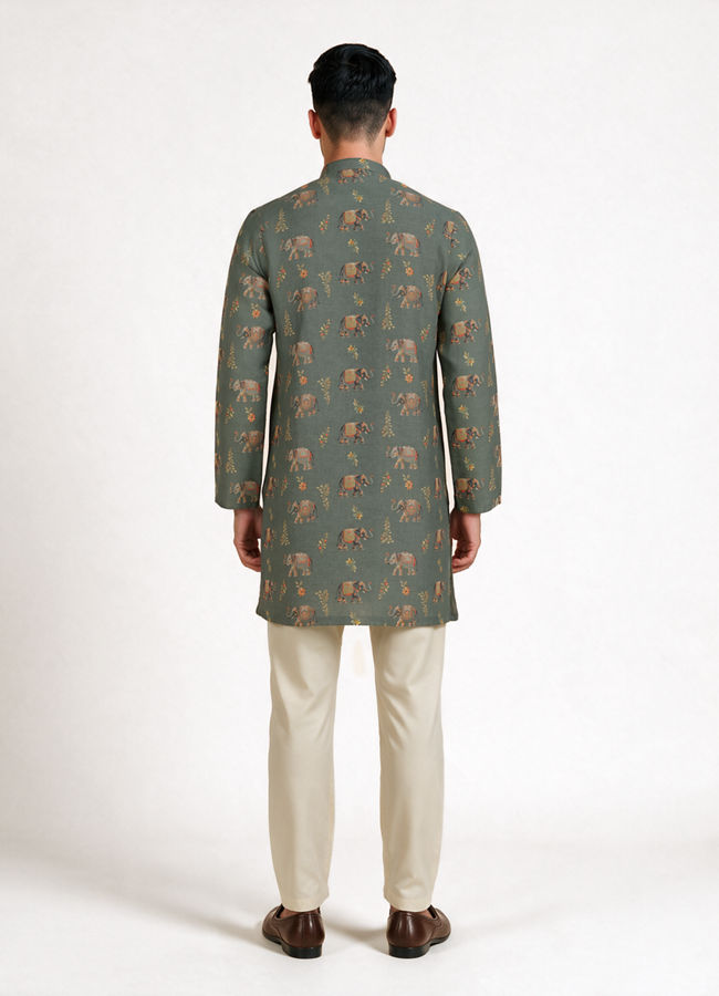 Manyavar Men Olive Green Blended Cotton Kurta
