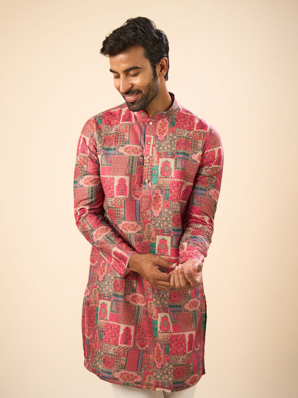 Manyavar Men Radiant Coral Mid Length Kurta