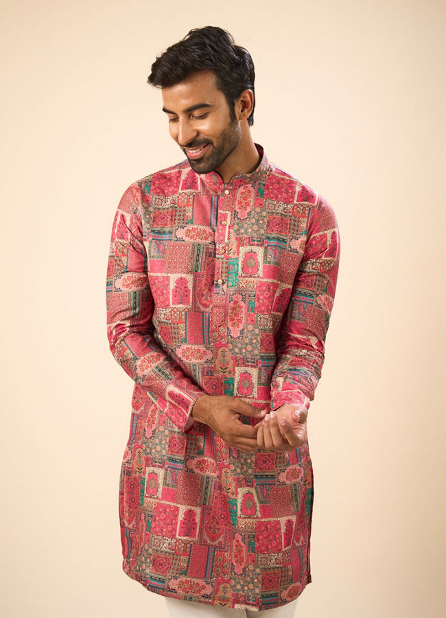 Manyavar Men Radiant Coral Mid Length Kurta