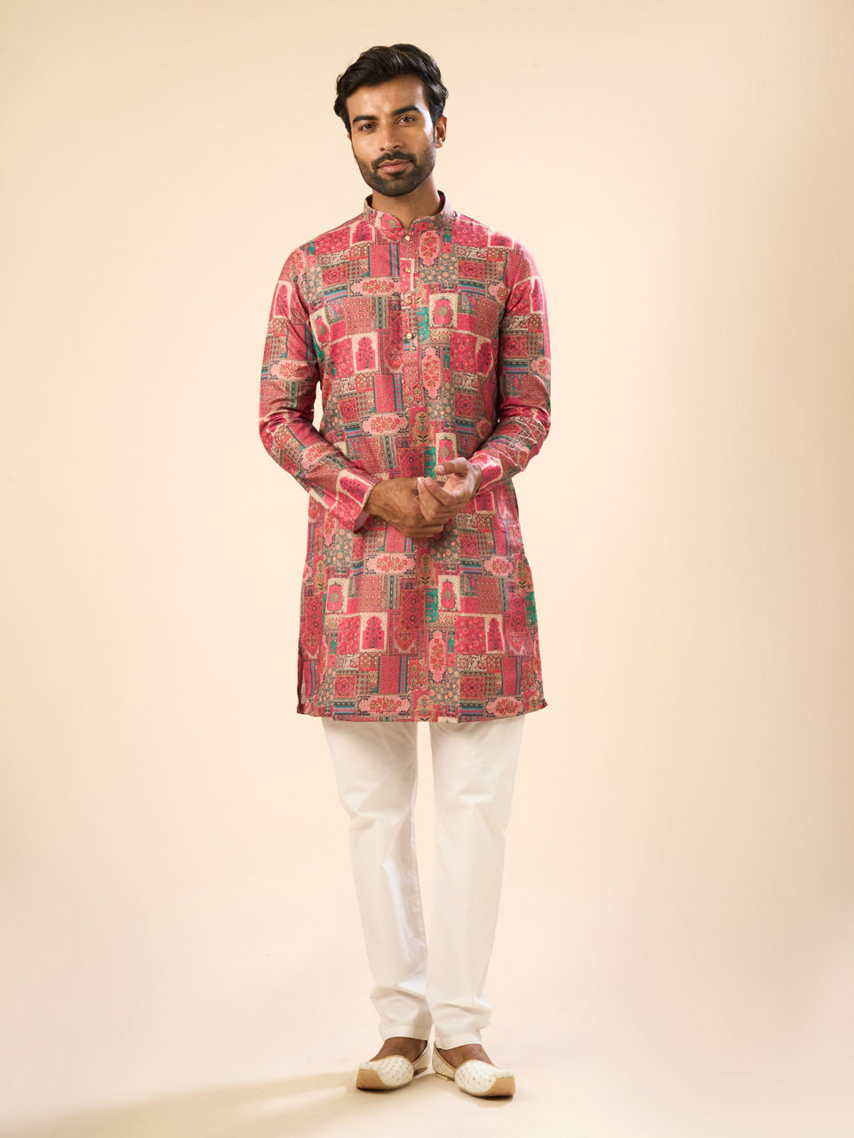 Manyavar Men Radiant Coral Mid Length Kurta