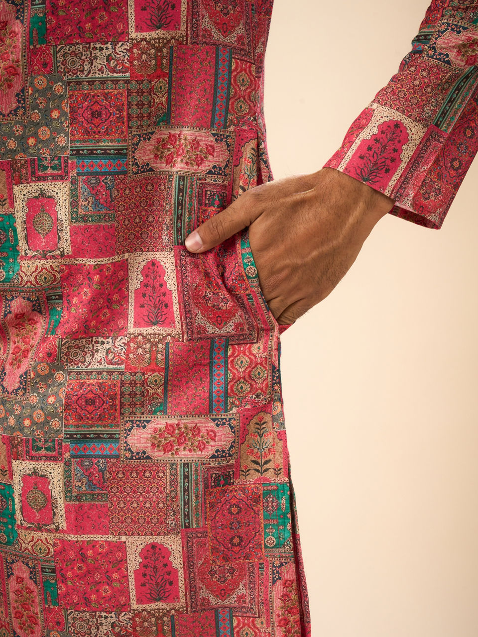 Manyavar Men Radiant Coral Mid Length Kurta