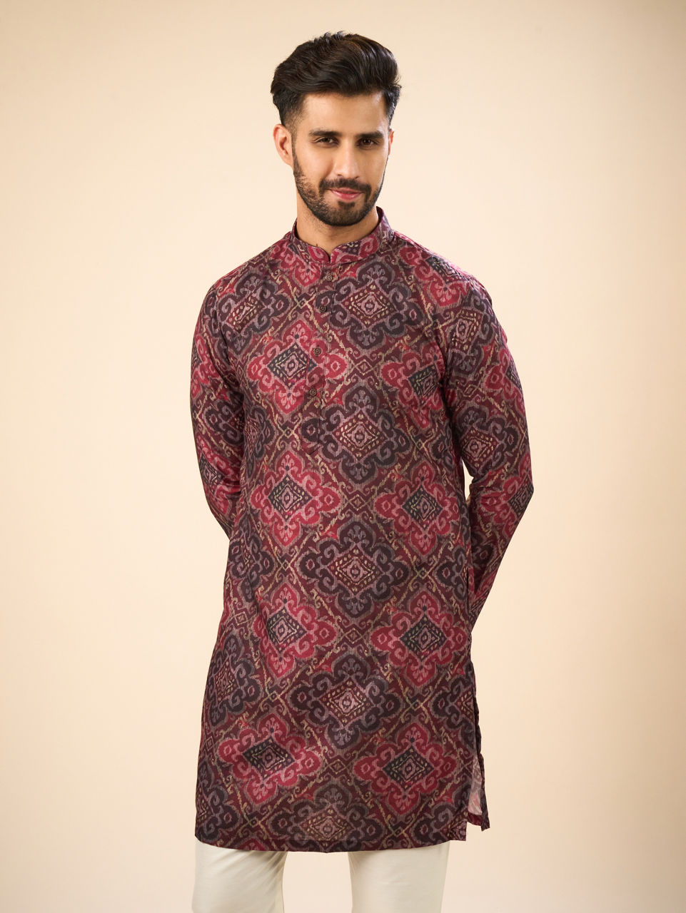 Manyavar Men Radiant Maroon Mid Length Kurta