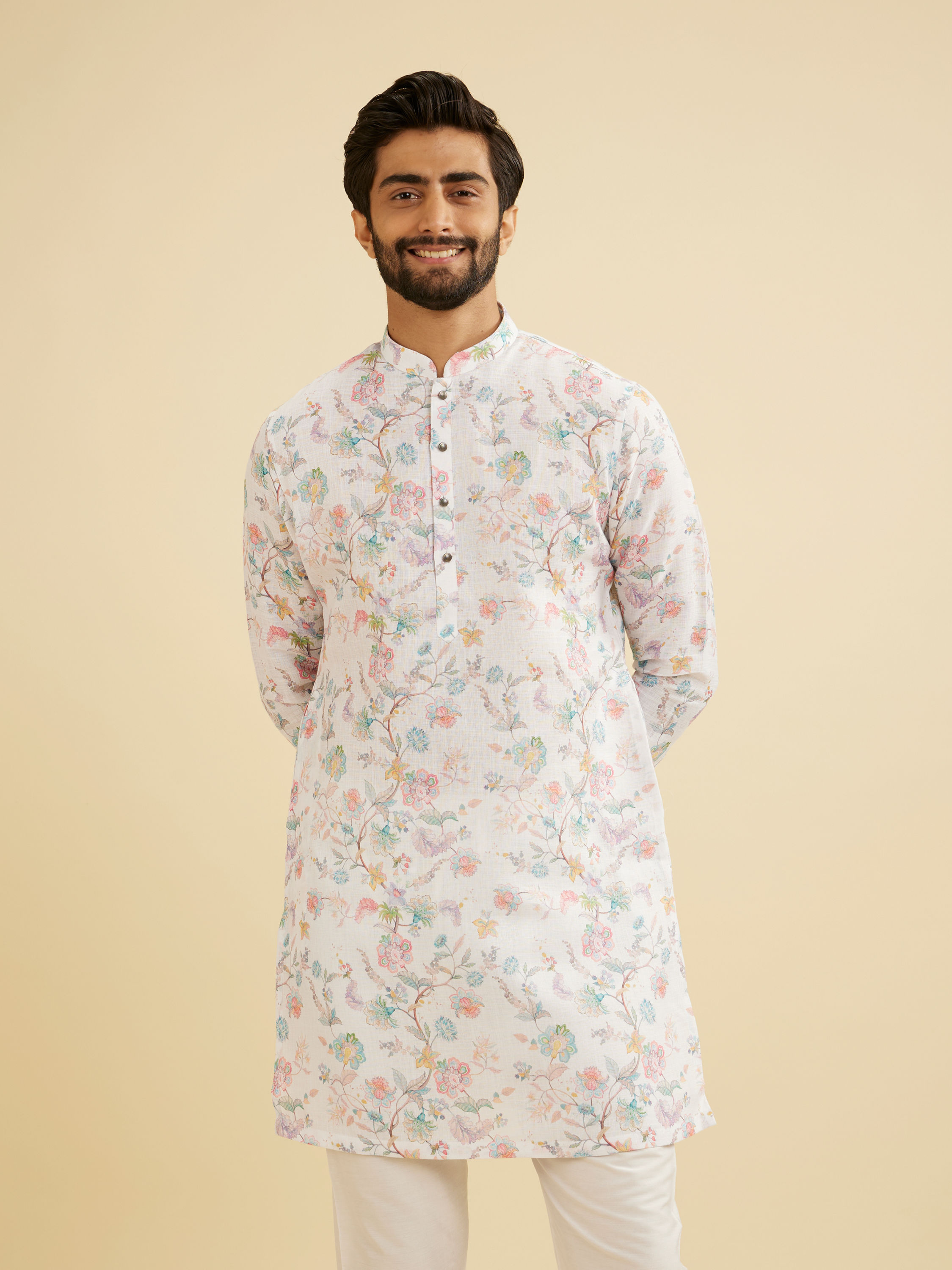 Manyavar Men Radiant Cream Blended Cotton Kurta