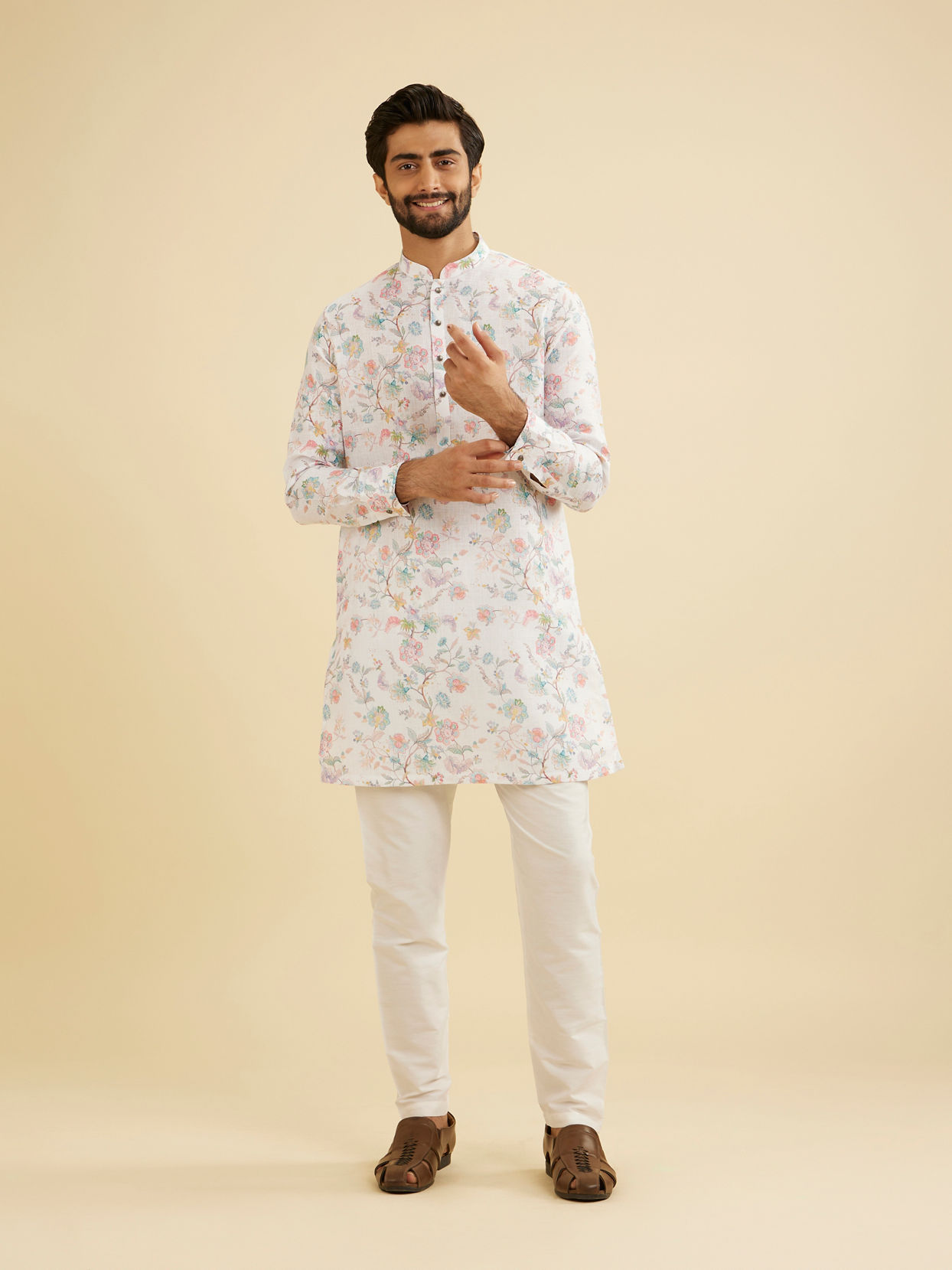 Manyavar Men Radiant Cream Blended Cotton Kurta