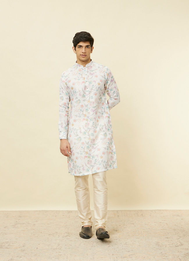 Manyavar Men Delicate White Bel Buti Printed Kurta
