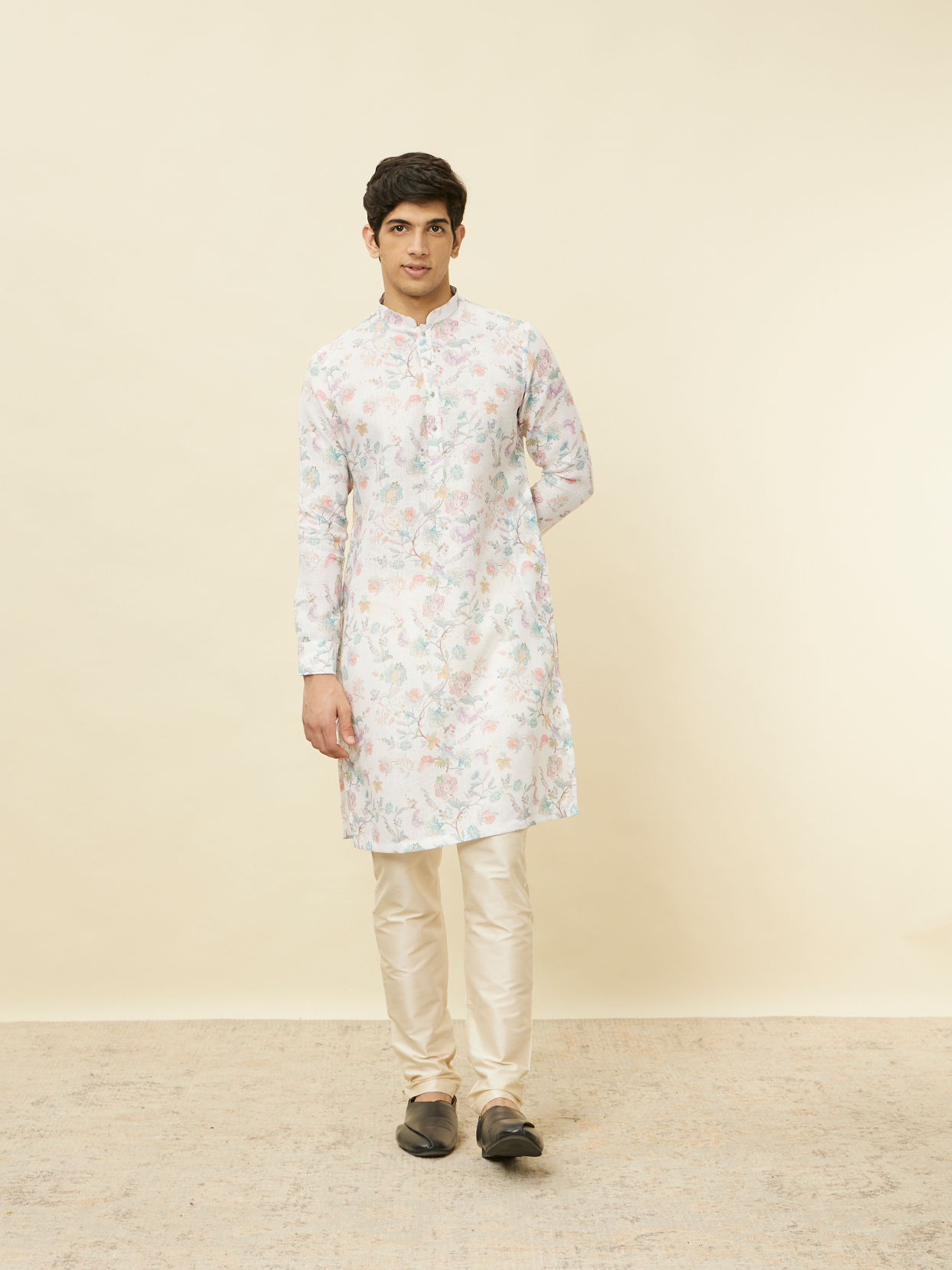 Manyavar Men Delicate White Bel Buti Printed Kurta