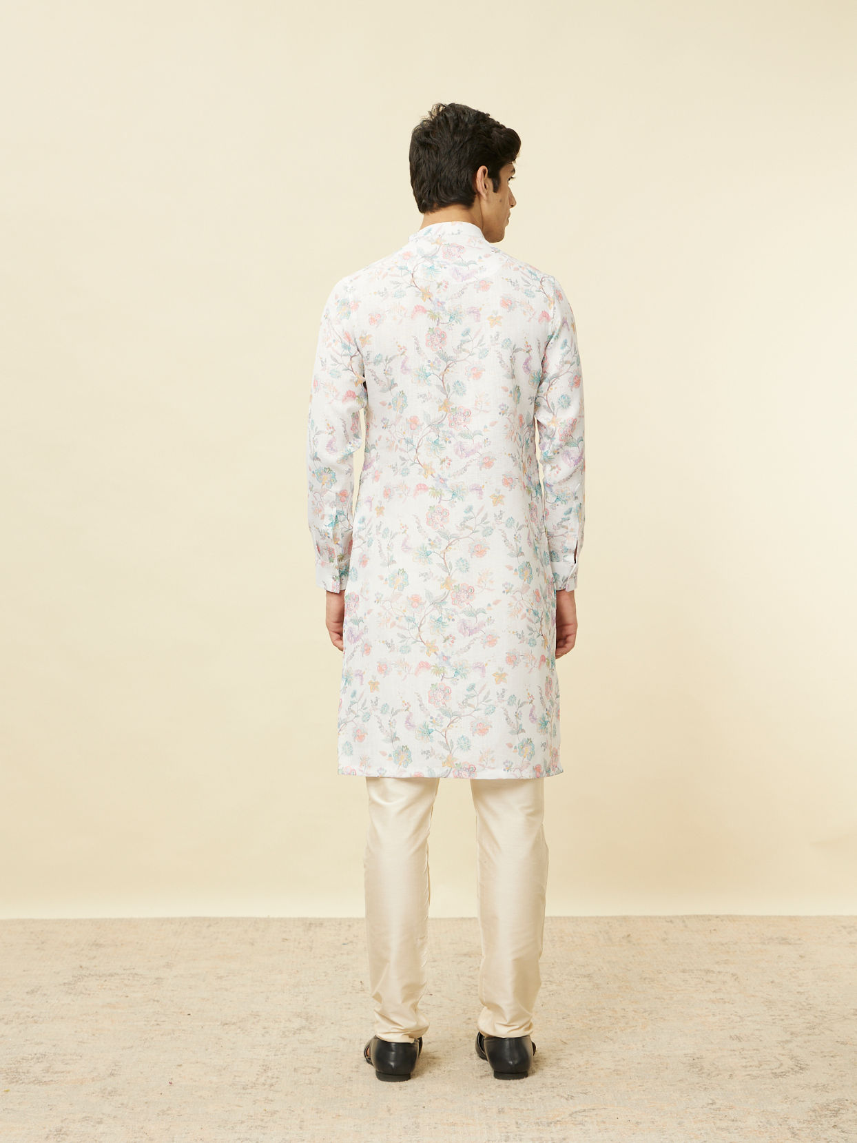 Manyavar Men Delicate White Bel Buti Printed Kurta