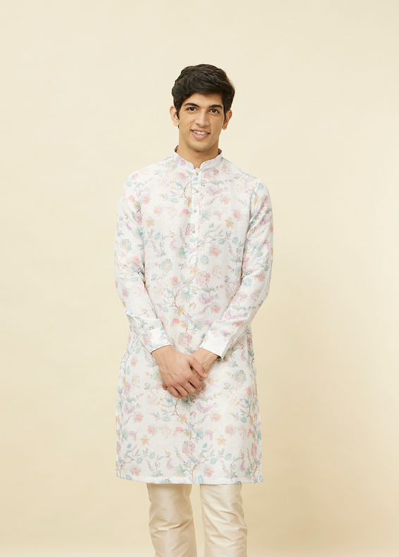 Manyavar Men Delicate White Bel Buti Printed Kurta