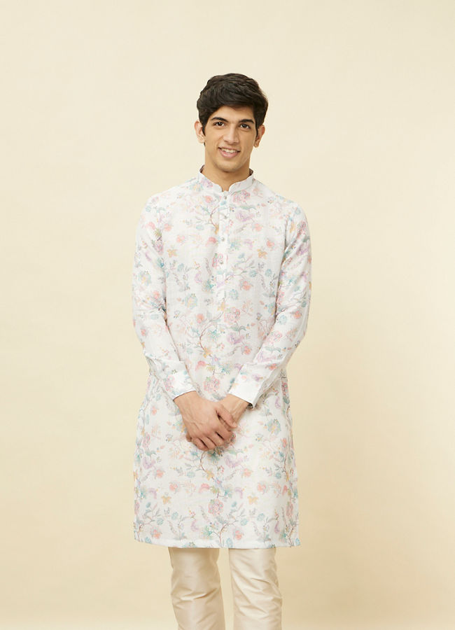 alt message - Manyavar Men Delicate White Bel Buti Printed Kurta image number 0