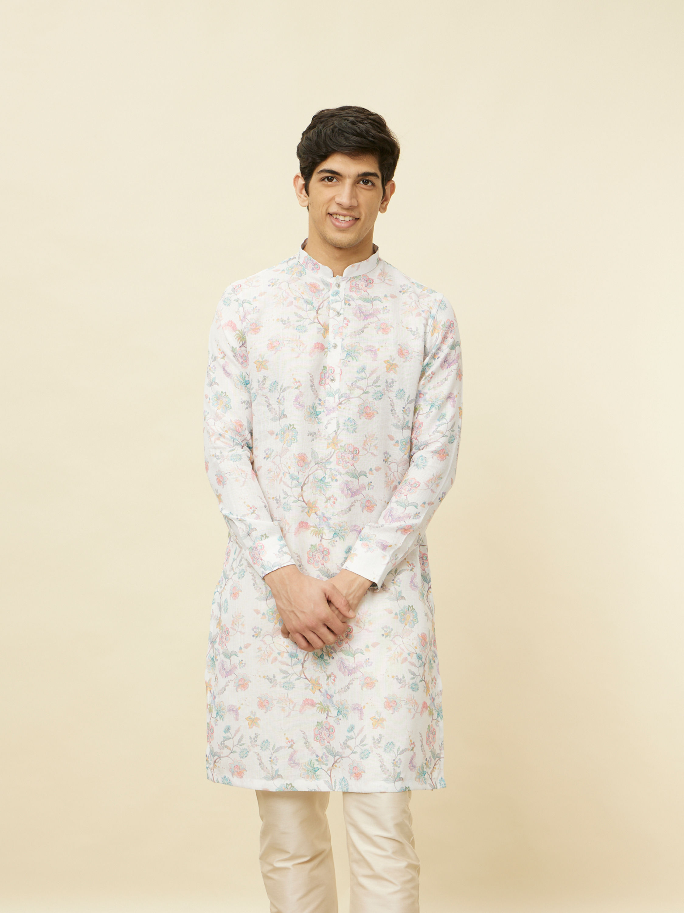 Manyavar Men Delicate White Bel Buti Printed Kurta