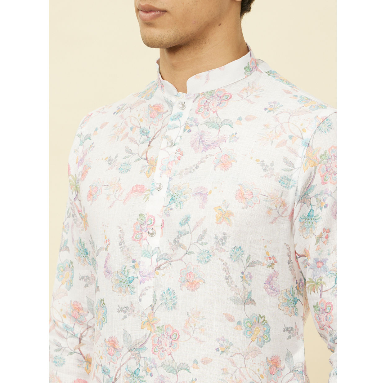 Manyavar Men Delicate White Bel Buti Printed Kurta