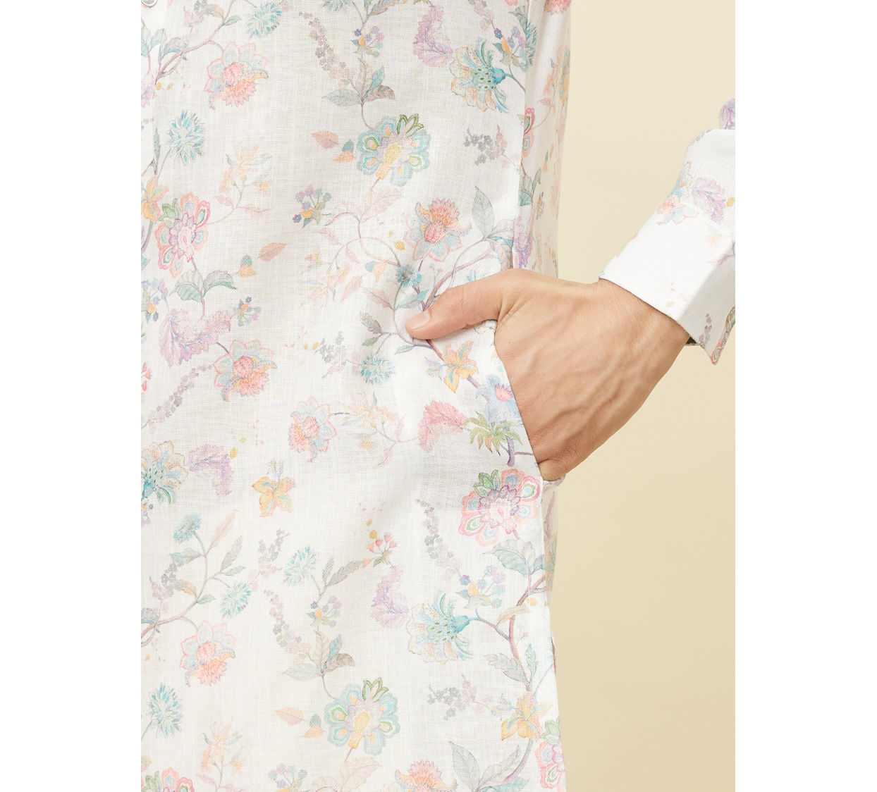 Manyavar Men Delicate White Bel Buti Printed Kurta