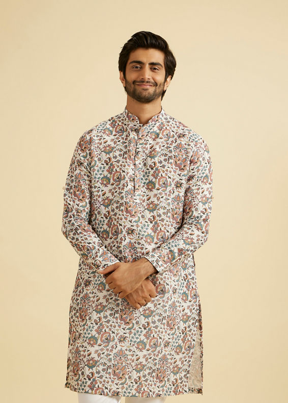 Manyavar Men Beige Bel Buti Printed Kurta