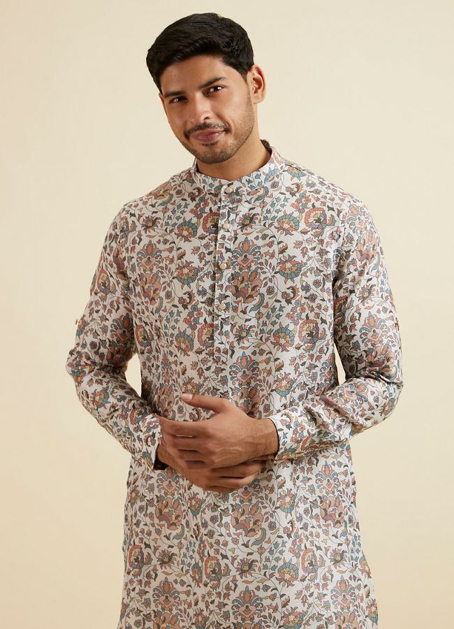 Manyavar Men Beige Bel Buti Printed Kurta image number 0