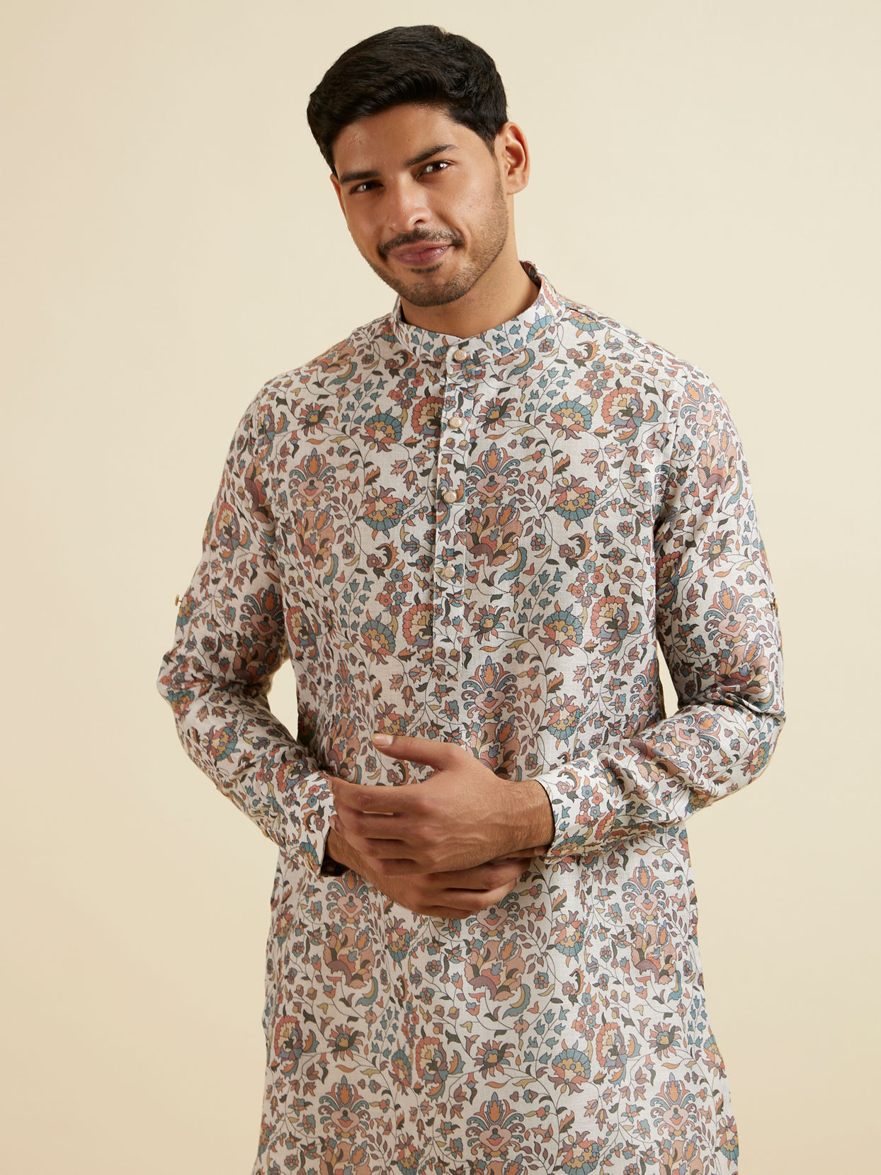 Manyavar Men Beige Bel Buti Printed Kurta image number 0