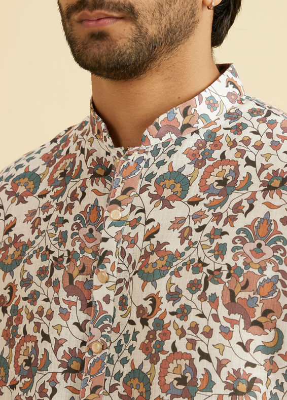Manyavar Men Beige Bel Buti Printed Kurta