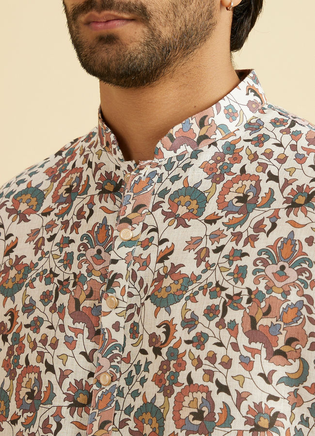 Manyavar Men Beige Bel Buti Printed Kurta