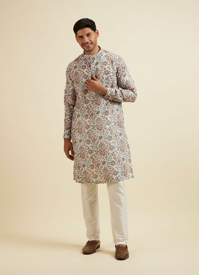 Manyavar Men Beige Bel Buti Printed Kurta image number 2