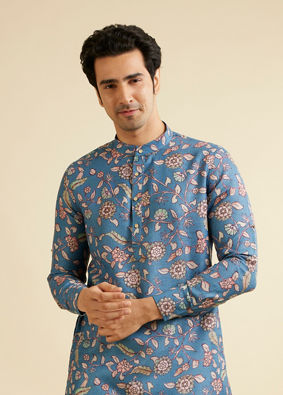 Manyavar Men Mid Blue Bel Buti Patterned Kurta image number 0