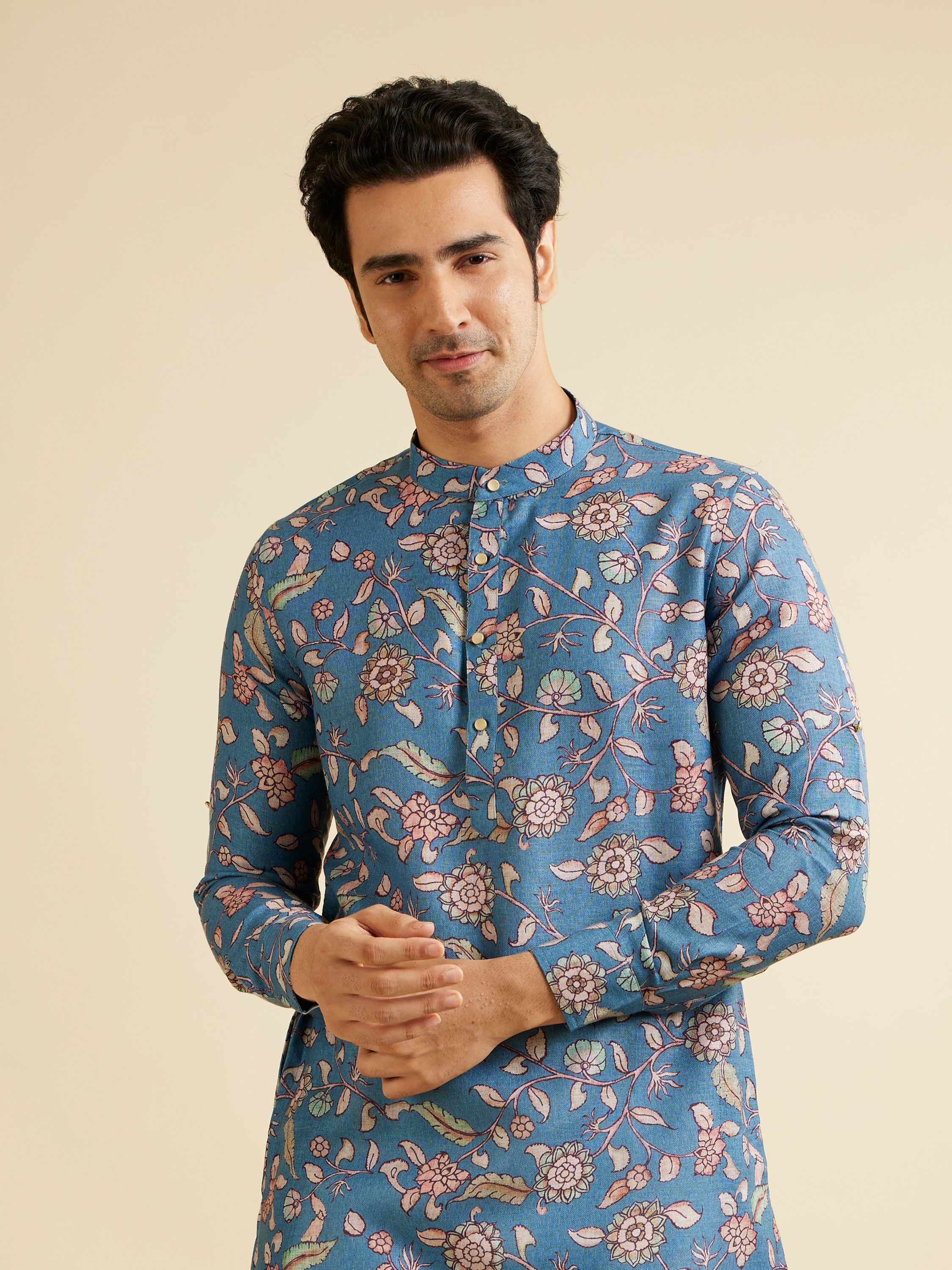 Manyavar Men Mid Blue Bel Buti Patterned Kurta