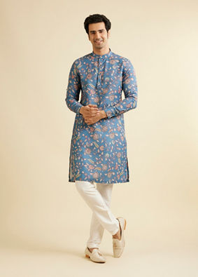 Manyavar Men Mid Blue Bel Buti Patterned Kurta image number 2