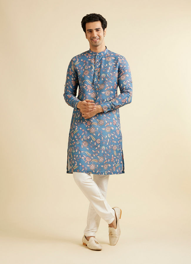 alt message - Manyavar Men Mid Blue Bel Buti Patterned Kurta image number 2