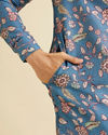 alt message - Manyavar Men Mid Blue Bel Buti Patterned Kurta image number 3