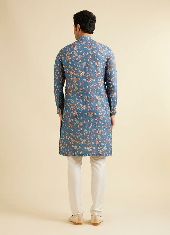 Manyavar Men Mid Blue Bel Buti Patterned Kurta