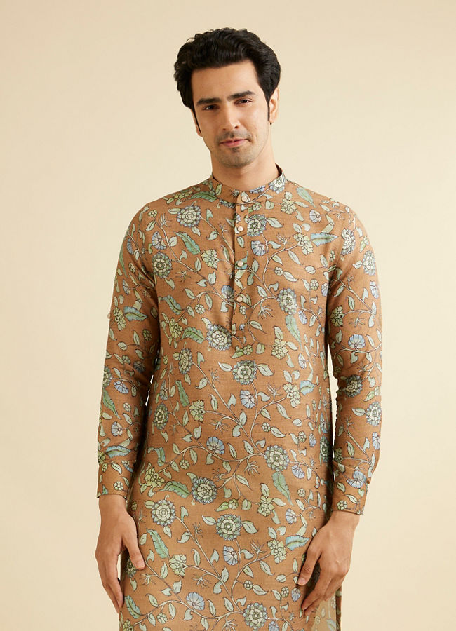 alt message - Manyavar Men Mehendi Green Bel Buti Patterned Kurta image number 0