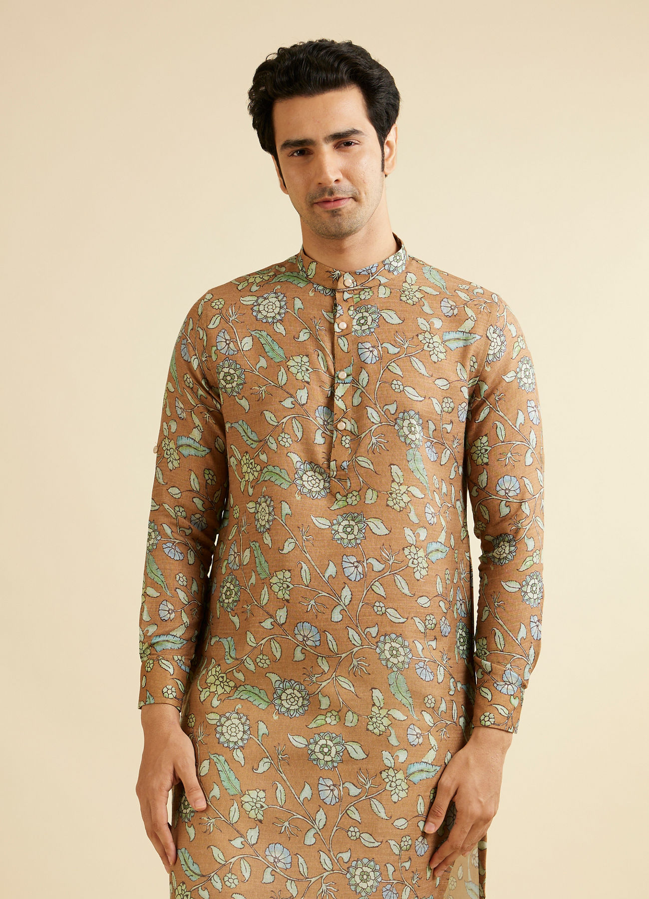 Manyavar Men Mehendi Green Bel Buti Patterned Kurta