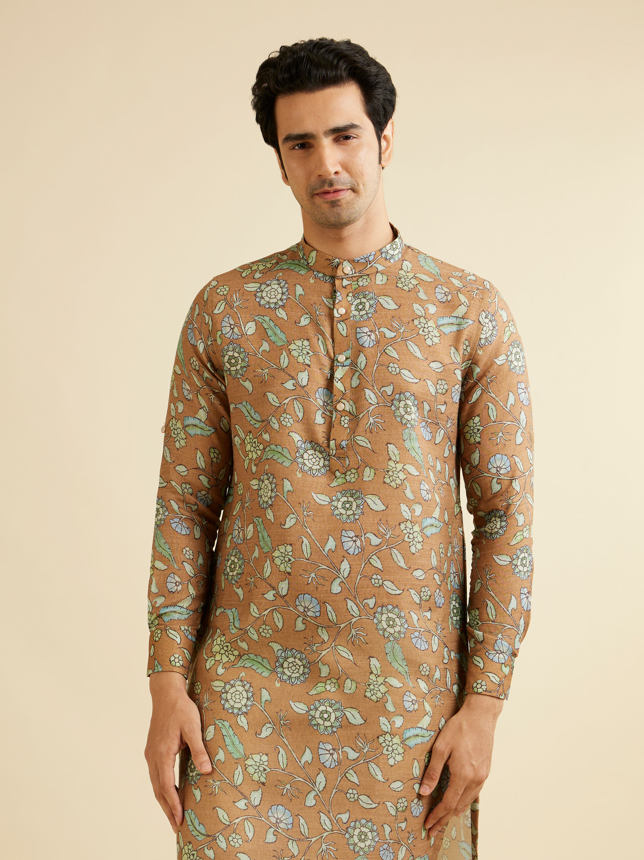 Manyavar Men Mehendi Green Bel Buti Patterned Kurta