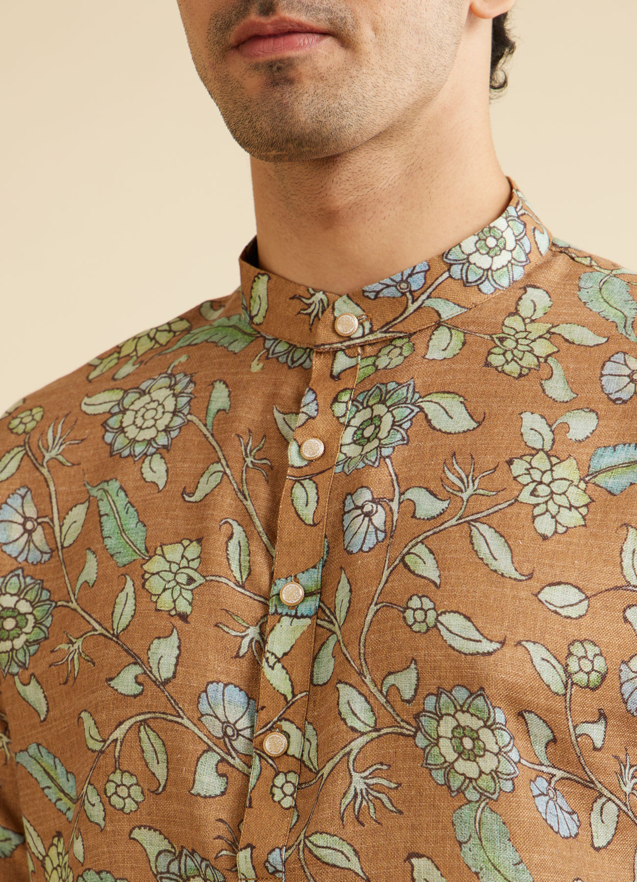 Manyavar Men Mehendi Green Bel Buti Patterned Kurta