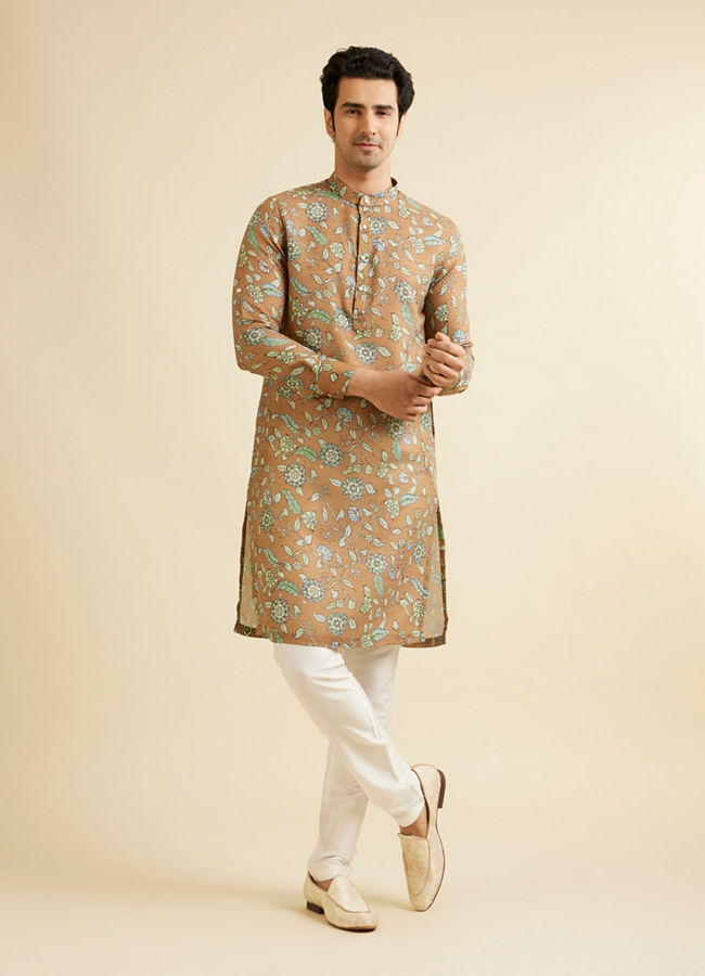 Manyavar Men Mehendi Green Bel Buti Patterned Kurta