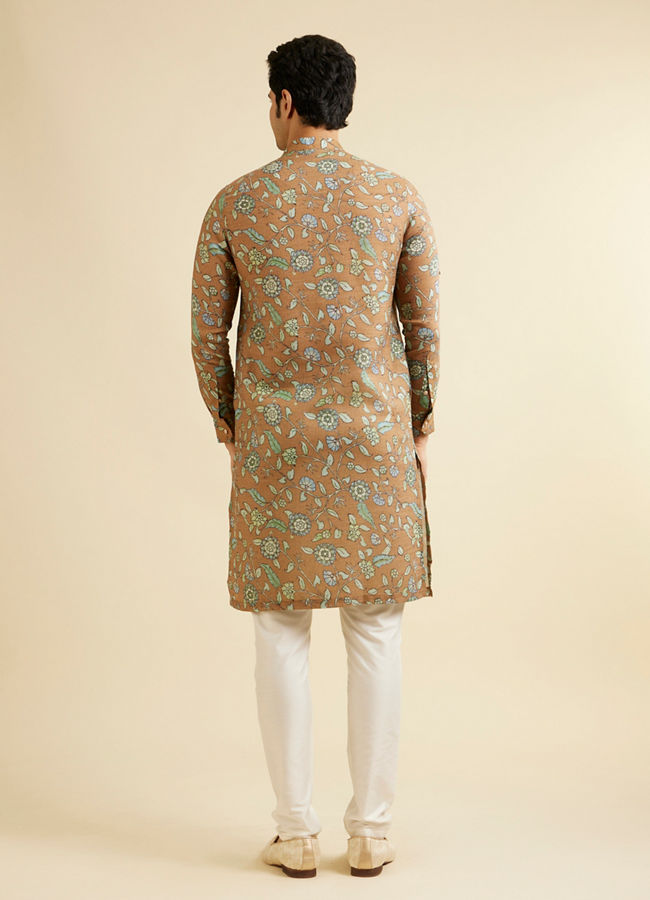 alt message - Manyavar Men Mehendi Green Bel Buti Patterned Kurta image number 4