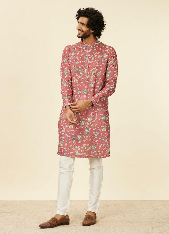 Manyavar Men Rust Red Bel Buti Patterned Kurta