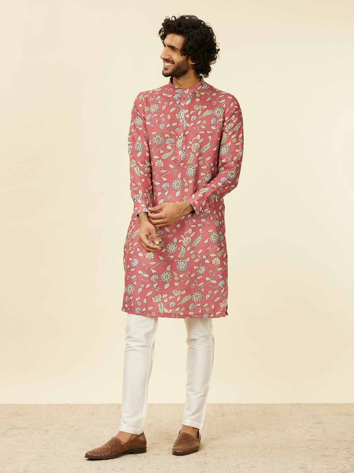 Manyavar Men Rust Red Bel Buti Patterned Kurta