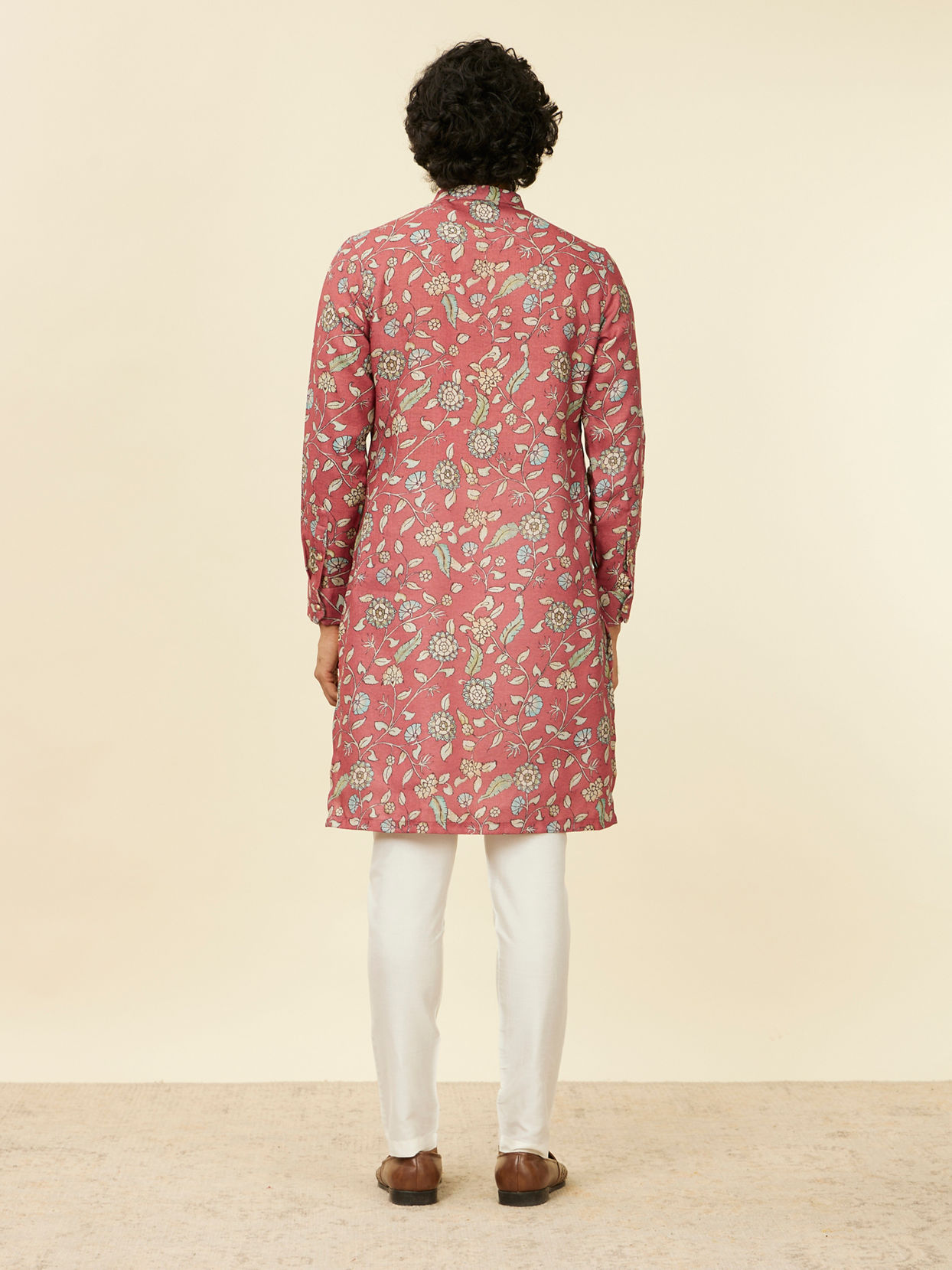 Manyavar Men Rust Red Bel Buti Patterned Kurta