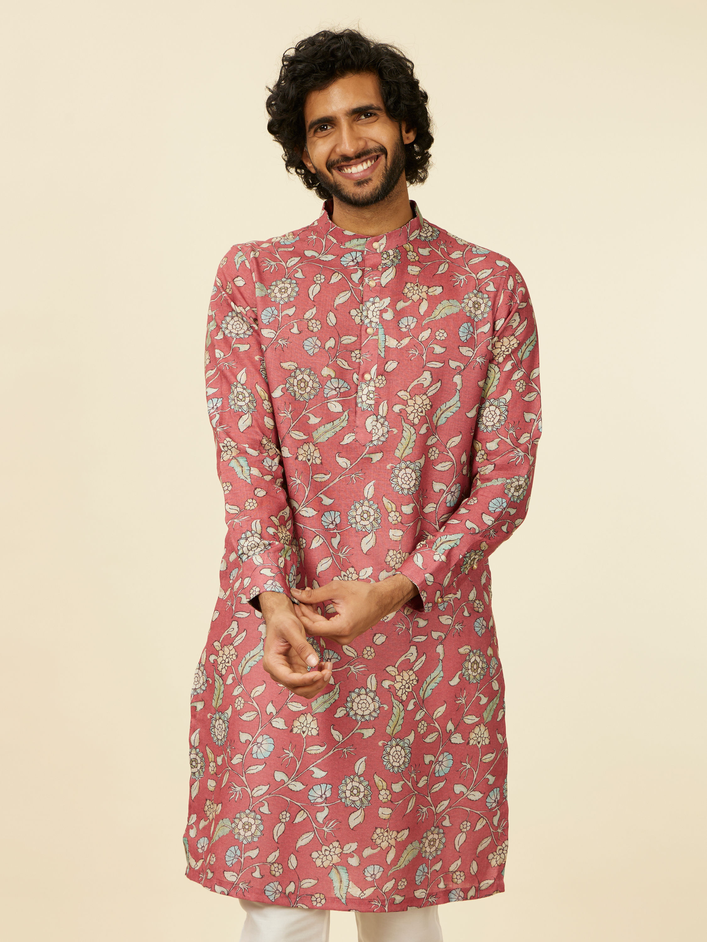 Manyavar Men Rust Red Bel Buti Patterned Kurta