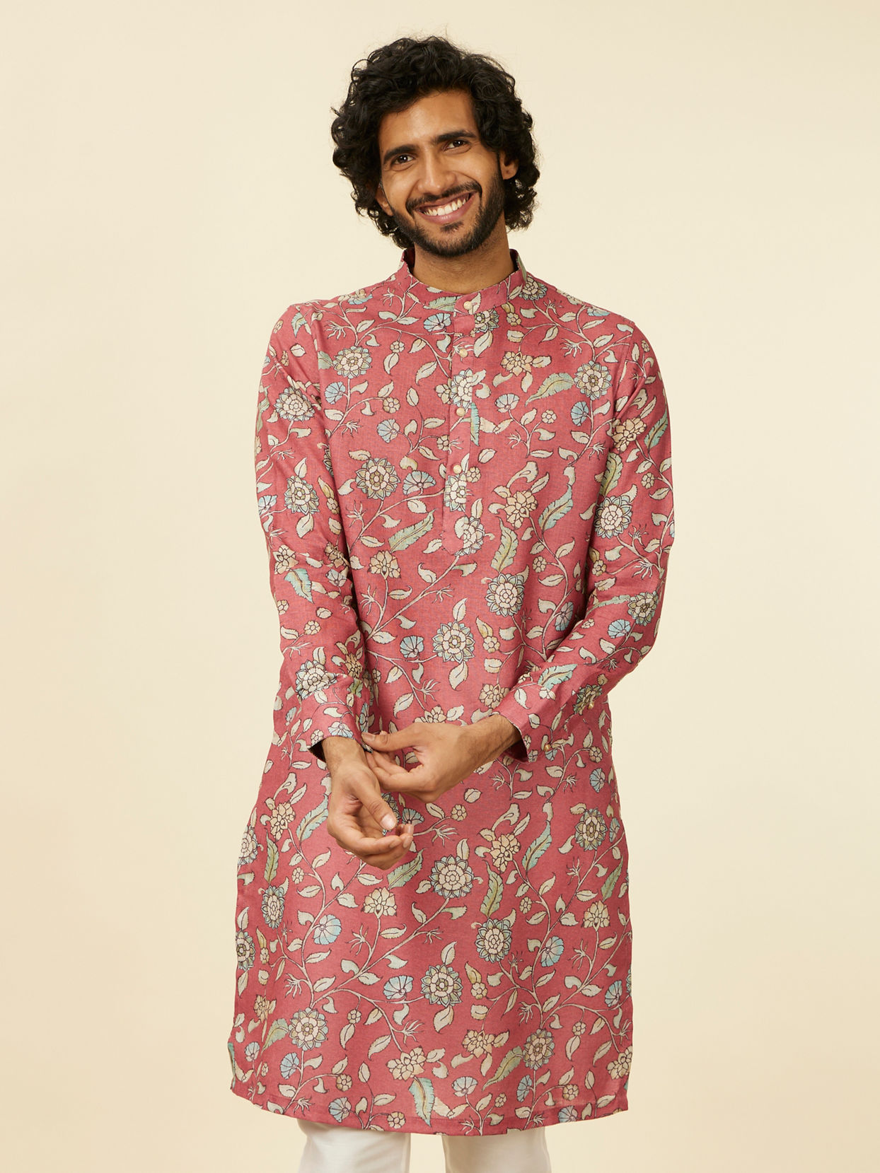 alt message - Manyavar Men Rust Red Bel Buti Patterned Kurta image number 0