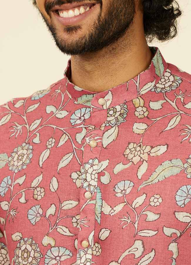 Manyavar Men Rust Red Bel Buti Patterned Kurta