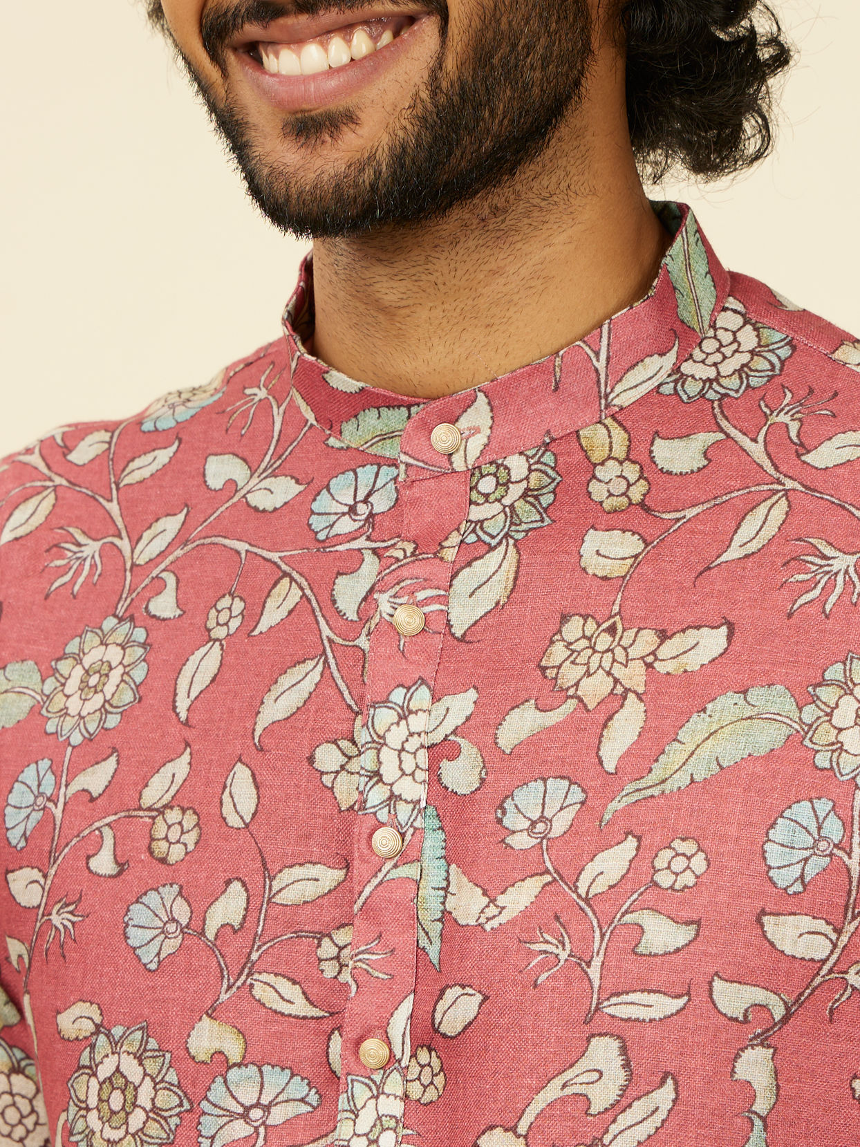 Manyavar Men Rust Red Bel Buti Patterned Kurta