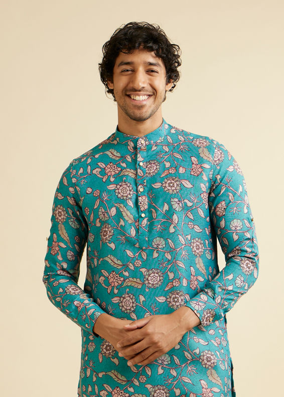 Manyavar Men Turquoise Blue Bel Buti Patterned Kurta