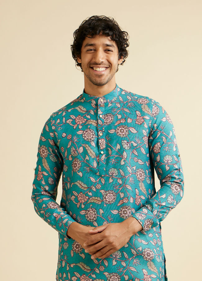 alt message - Manyavar Men Turquoise Blue Bel Buti Patterned Kurta image number 0