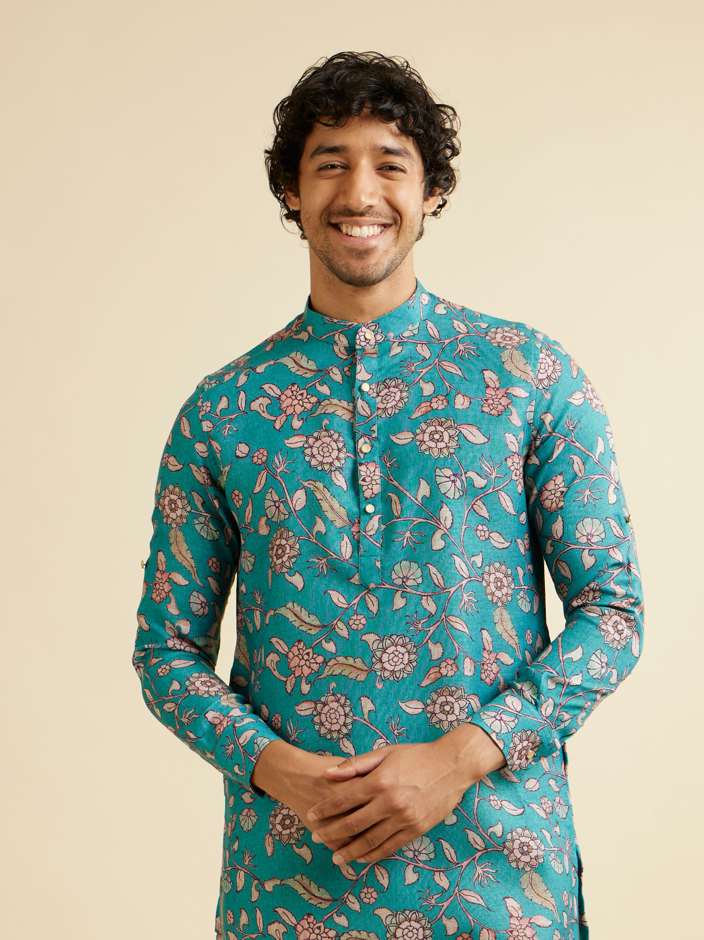 Manyavar Men Turquoise Blue Bel Buti Patterned Kurta