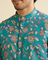 alt message - Manyavar Men Turquoise Blue Bel Buti Patterned Kurta image number 1