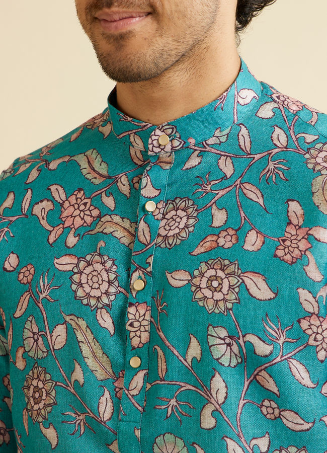 alt message - Manyavar Men Turquoise Blue Bel Buti Patterned Kurta image number 1