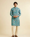 alt message - Manyavar Men Turquoise Blue Bel Buti Patterned Kurta image number 2